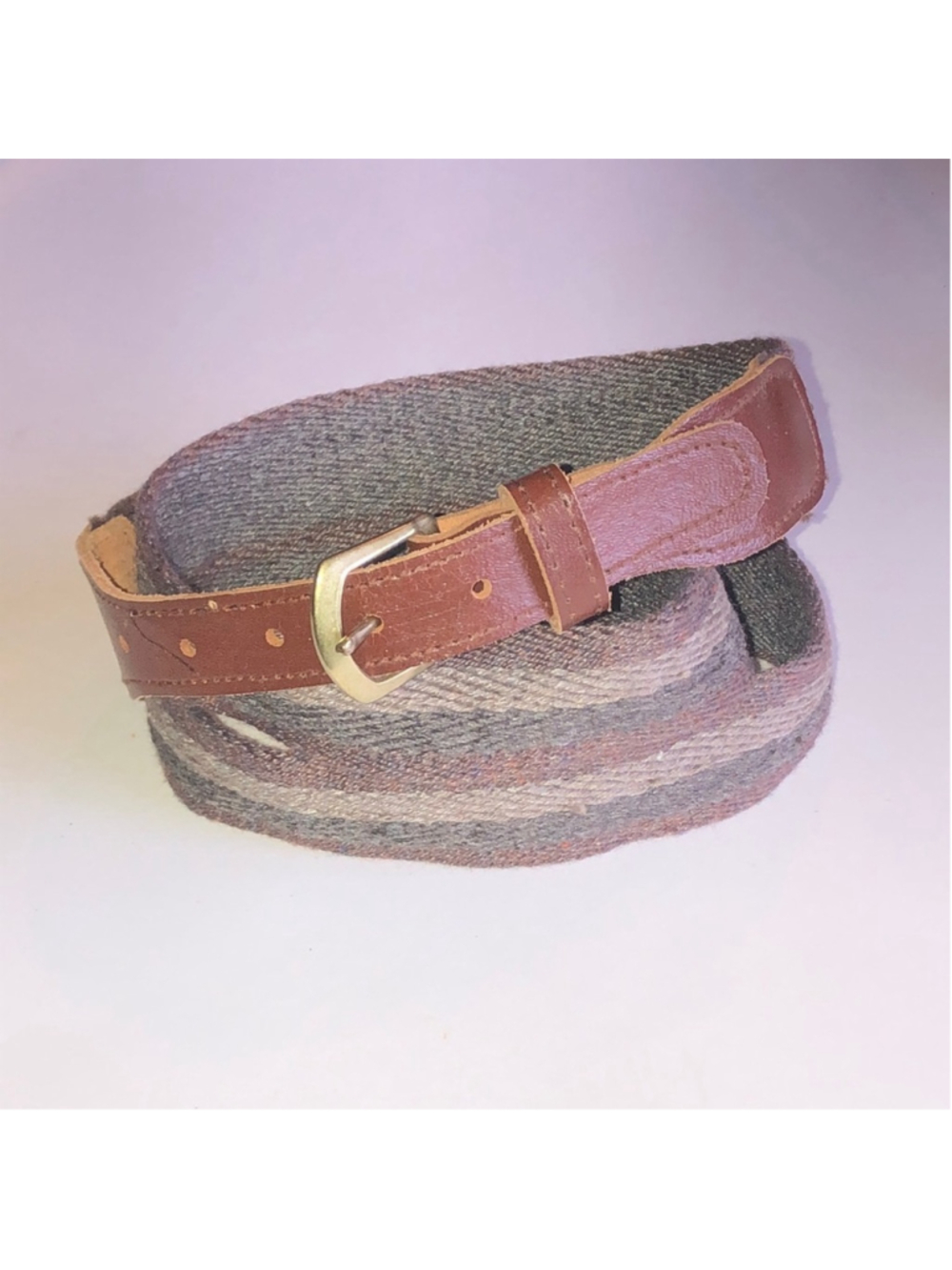 Brown Vintage Leather-Trim Woven Belt